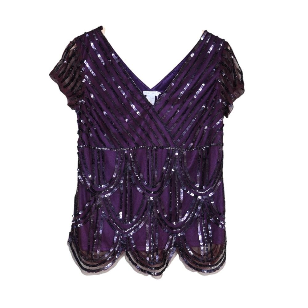 Cache Womens M Purple Short Sleeve Sequin Evening Cocktail Blouse NEW